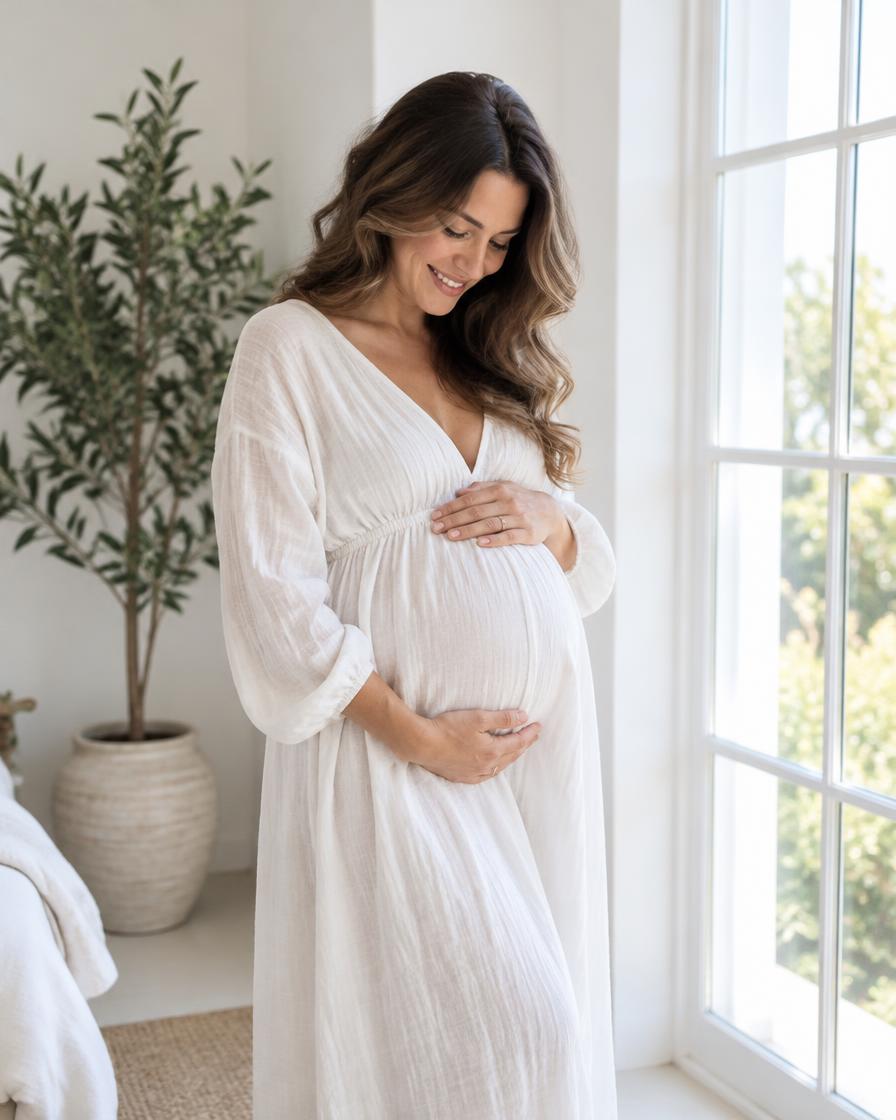 Future maman souriante en robe blanche, les mains posées sur son ventre, près d'une fenêtre lumineuse